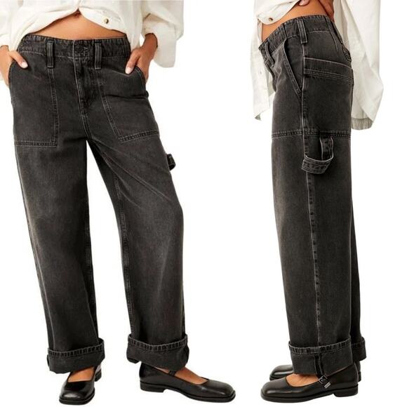 Free People Major Leagues Mid-Rise Cuffed Jeans Black Wash...